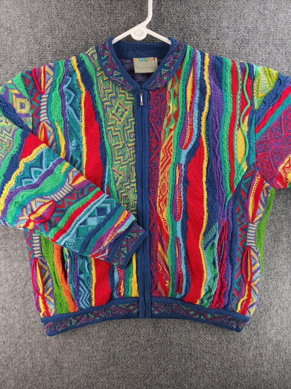 Coogi Full Zip Lined Pocket Sweater Small Knit Colorful Geometric Pattern Cotton